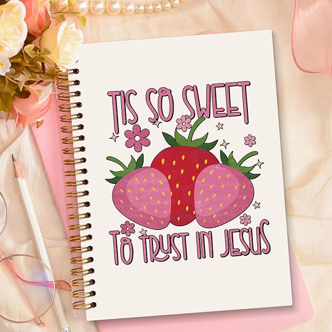 JXREQ Pink Strawberry Christian Bible Journal Notebook, Prayer Journal for Women, Scripture Journal, Church Notes Notebooks, Tis So Sweet to Trust Jesus 5.5x8.3