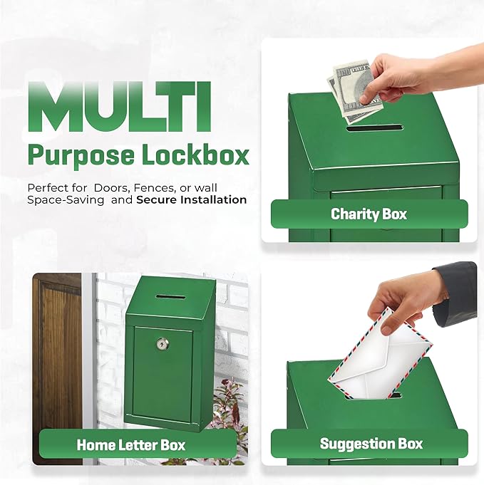 Metal Donation Box-Suggestion Box with Slot and lock-Cash Lock box for Money-Secure Drop Box-Comment and ballot voting box-comes with pre-drilled holes for easy wall mounting 10 X 6 X 2.5"(Green)