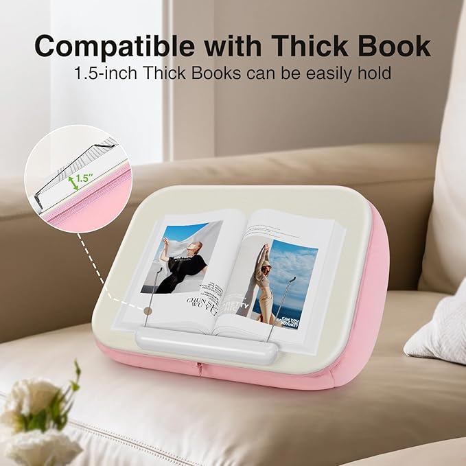 elitehood Bean Bag Laptop Lap Desk, Soft Cushion Stand for Book, Laptop, Tablet, Book Holder for Reading in Bed, Lap Pillow Desk Ideal for Working, Writing and Relaxation on Bed, Couch, Recliner, Pink