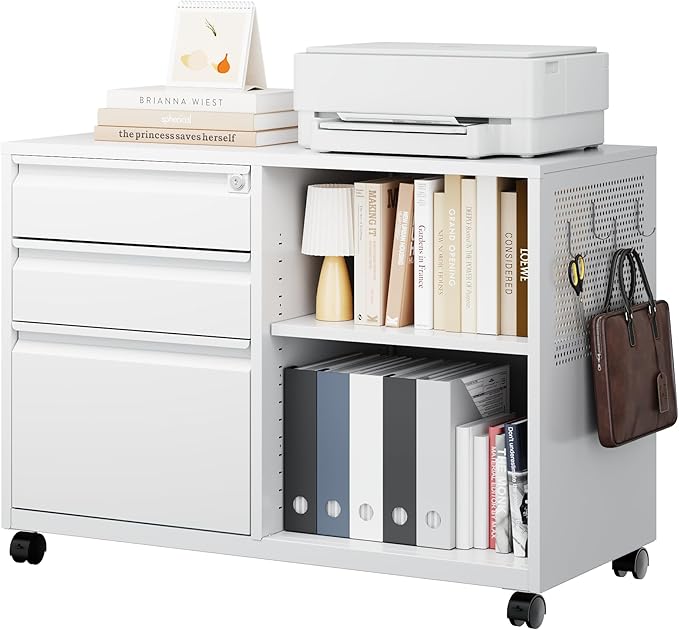 Letaya Mobile 3 Drawer File Cabinet with Lock-Metal Lateral Rolling Printer Stand Filing Cabinets for Home Office-Storage A4/F4/Letter (White)