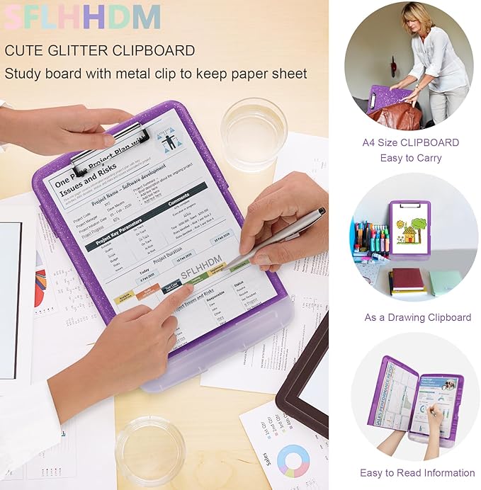 Glitter Clipboard with Storage,Storage Clipboard with Pen Holder,A4 Binder Clip Boards 8.5x11 with Low Profile Clip,Side Opening Sparkle Clipboards, Clipboards Folder for Office Supplies-Dark Purple