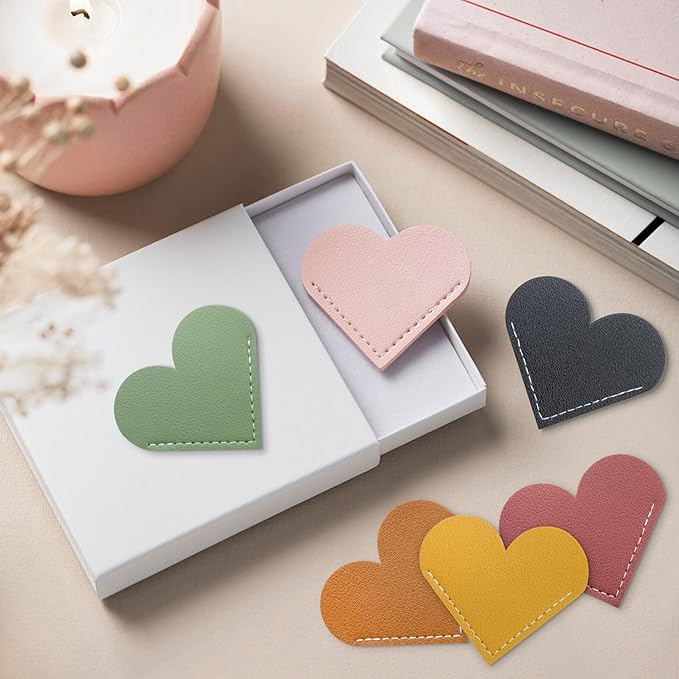 12 Pcs Leather Heart Bookmarks - Handmade Cute Page Book Marks for Reading Women & Book Lovers, Valentine’s Day Gifts, Teacher & Student Book Accessories for School Office Home Supplies (6 Colors)