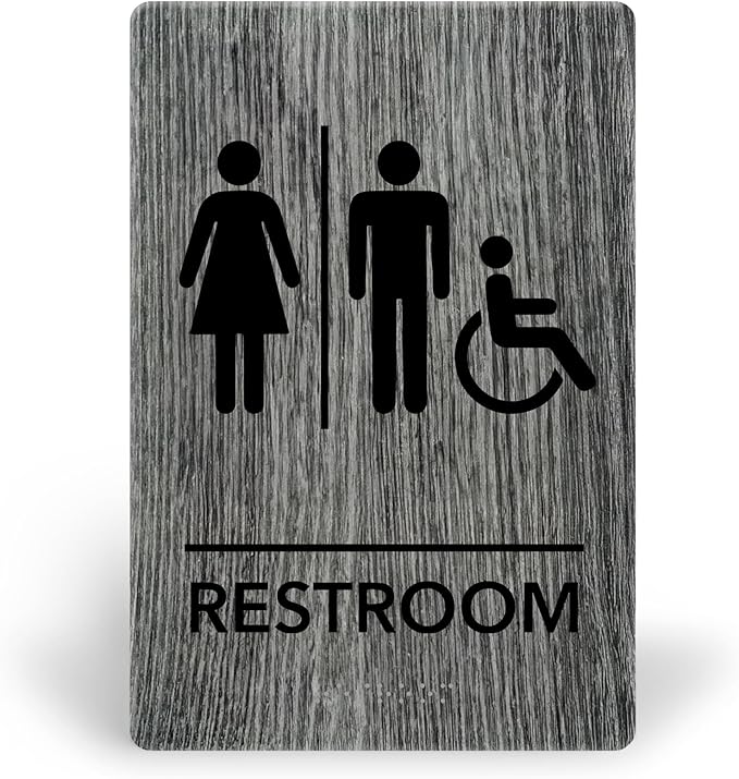 Promot Unisex Handicap Bathroom Sign – ADA Braille Restroom Sign for Business, Self-Adhesive, 9" x 6", Commercial Door Signage, Office Wall Decor - Classic Grey