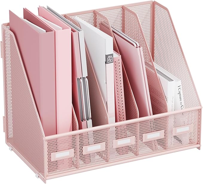 Marbrasse File Organizer for Desk,Desk File Organizer with 5 Vertical Compartments Mesh Magazine File Holder for Office School