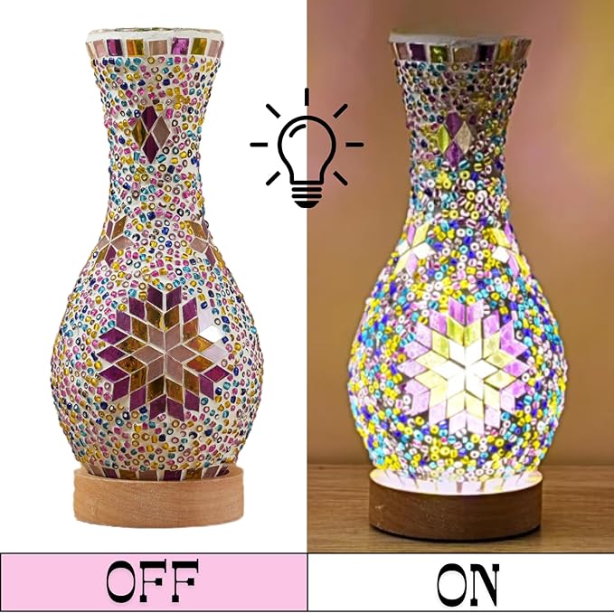 Turkish Mosaic Table Lamp, Moroccan Style Colorful Handmade Glass Vase, USB Tiffany Mosaic Table Night Light for Bedroom, Living Room Decor, 9" Height