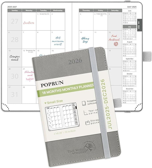 POPRUN Pocket Monthly Planner 2025-2026 (Pocket- 4''x 6.25''Soft Leather Cover) - 18 Month Calendar Book for Purse (Jul.2025-Dec.2026), 100 GSM Thick Paper - Grey