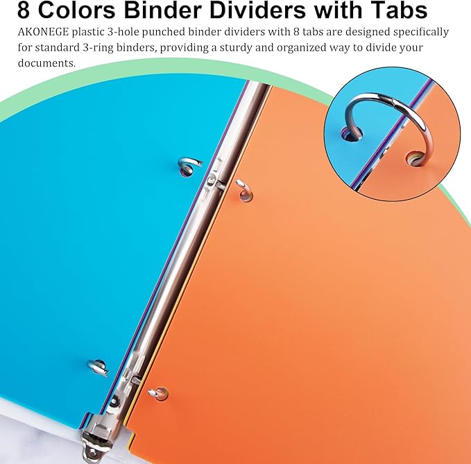 24PCS/3 Set Binder Dividers with Tabs, 8-Tab Dividers for 3 Ring Binder, 3-Hole Punched Letter Size Plastic 3 Ring Binder Dividers for School Office Home Document Organizer, Multicolor