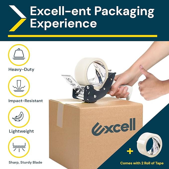 Excell RTS-82891 Low Noise Packing Tape Dispenser, Tape Gun Fit 2 Inch Wide Tape 3 Inch Core for Carton, Packaging and Box Sealing - 2Pack