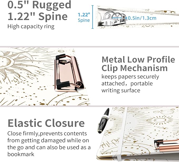 Ospelelf 3 Ring Binder, 1/2 Inch, Cute Letter Size (11" x 8.5") with 5 Tab Dividers, File Folder Labels and Low Profile Clipboards, Tarot Cards Binder for School and Office Supplies