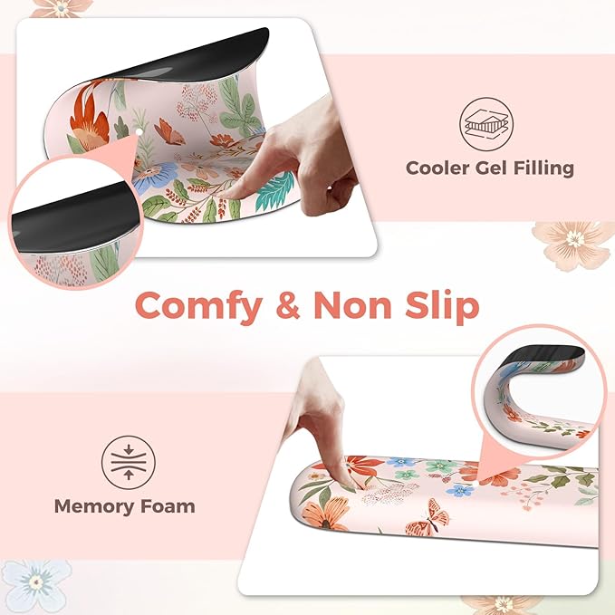 Pink Desk Cover Mat, Ergonomic Mouse Pad with Wrist Support, Girly Aesthetic Office Stuff, Scalloped Floral Desk Protector for Office Must-Haves, Work