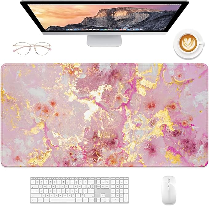 Desk Mat, 32" x 16" XXL Extended Large Gaming Mouse Pad, Desktop Decor Desk Pad, Cute Men Women Office Supplies and Accessories, XL Mouse Mat for Laptop & Keyboard, Pink Gold Marble