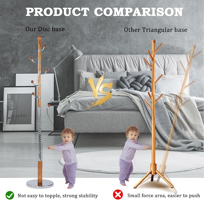 Coat Racks FreeStanding with 14 Hooks, Natural Wood Coat Rack with Solid Round Base, Adjustable Height Coat Racks, Easy Assembly for Hallway, Bedroom and Office (Solid Wood Metal Hook)