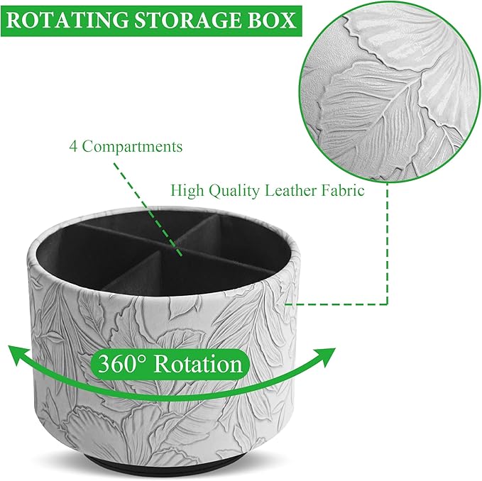 Hennaja Round Leather Art Supply Organizer,Remote Control Holder,360 Degree Spinning,Multi-Functional Pencil Holder,4 Compartments Desktop Stationary Organizer(1-Carved Grey)