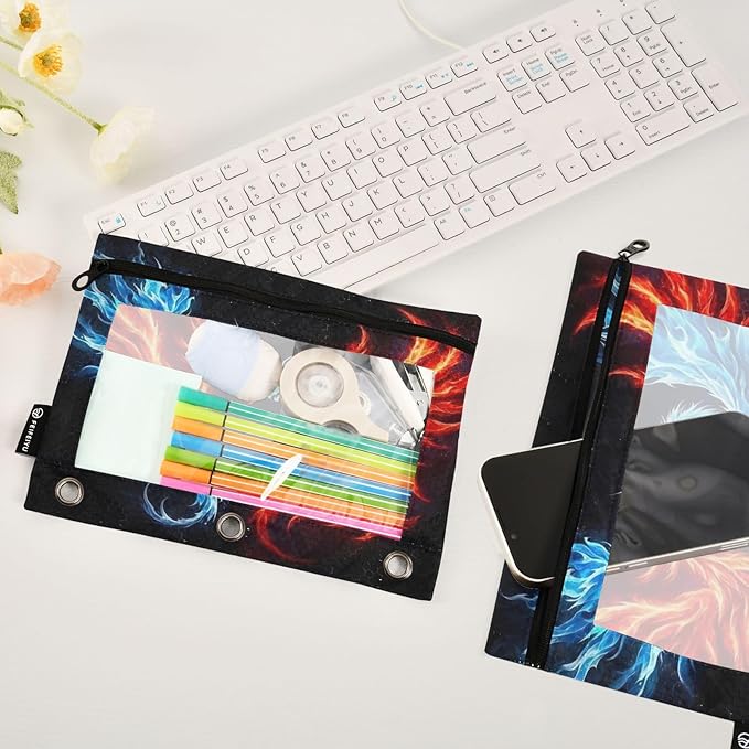 Dragon Phoenix Pencil Pouch for 3 Ring Binder, 2 Pack Waterproof Pencil Bags Clear Window Zipper School Office Supplies