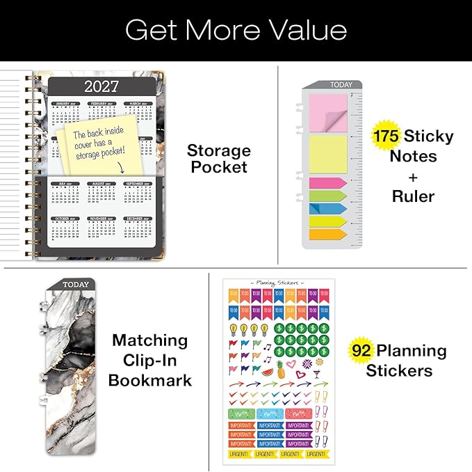 HARDCOVER 2026 Planner, 5.5"x8": 14 Months (November 2025 - December 2026), Daily Weekly Monthly Planner, Yearly Agenda, Bookmark, Pocket Folder and Sticky Note Set (Black Gold Marble)