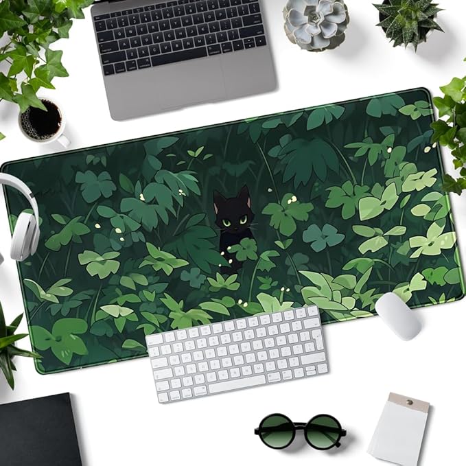 Black Cat Anime Desk Gaming Mat, XL Green & Large, 31.5x15.8in, for Women & Offices