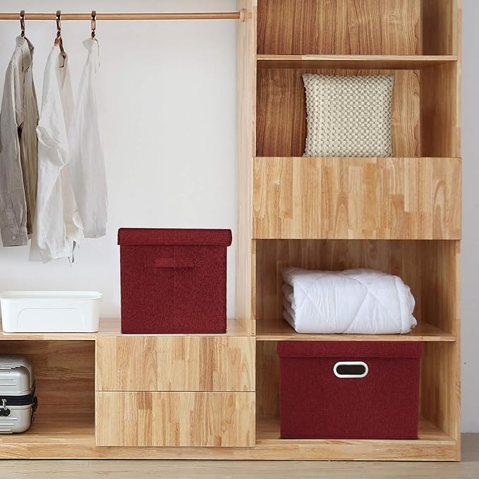 TYEERS Large Collapsible Storage Bins with Lids, Organization Bins for Closet Storage, Clothes Storage, Folding Storage Box with Lids for Home Office Storage - 3 Pack - Red Wine