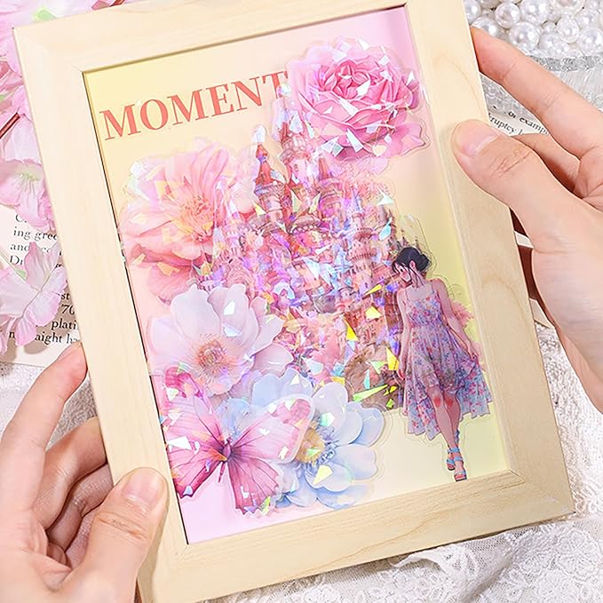 Doraking 60 Pieces Glitter Shiny Flower Stickers for Journaling, Waterproof Decorative Decal for Scrapbooking Supplies Journal Planners Art Crafts Photo Album Decor (Pink)