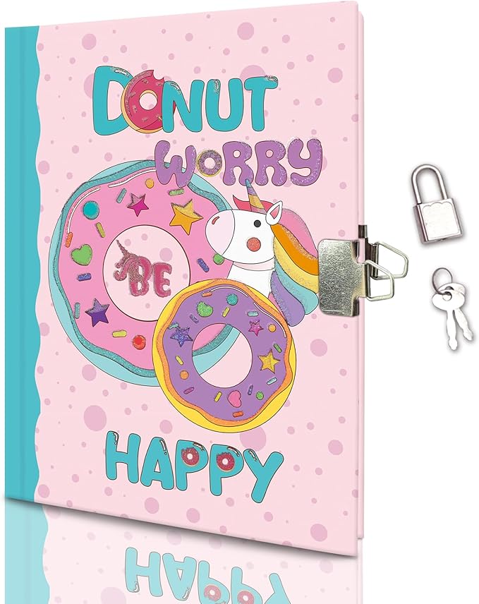 Girls Diary with Lock for Kids, 7x5.25 Inches 160 Lined Pages Secret Pink Doughnut Notebook for Girls Journal with Lock for Kids Pre School Writing Drawing Cute Girls Gifts for Birthday