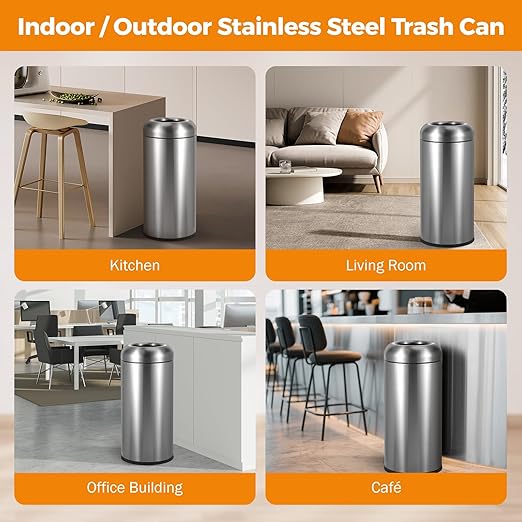 BEAMNOVA 16.5 Gallon Trash Can Open Top Outdoor Indoor Commercial Stainless Steel Industrial Waste Basket Container, Gray Large Garbage Enclosure with Lid