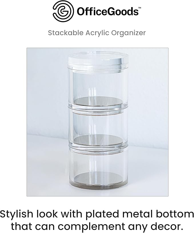 OfficeGoods 3-Tier Stackable Acrylic Holder- Stylish Desk Organizer and Storage for Office or Home – Transparent Round Design with Silver Metal Base