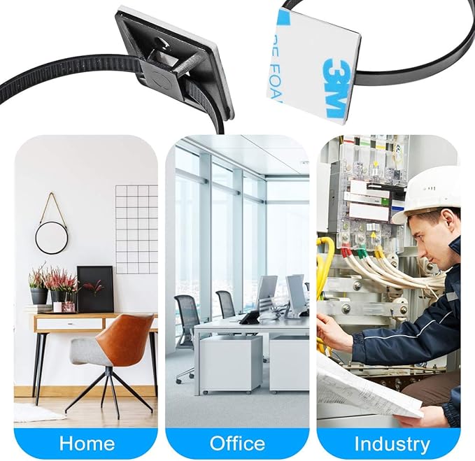 3/4" 3M Back-Glue Self Adhesive White Strong Cable Zip Tie Mounts 100pcs with 8" Ties, Screws, Outdoor Sticky Wire Fasteners Cable Clips Management Anchors Organizer Holders Squares