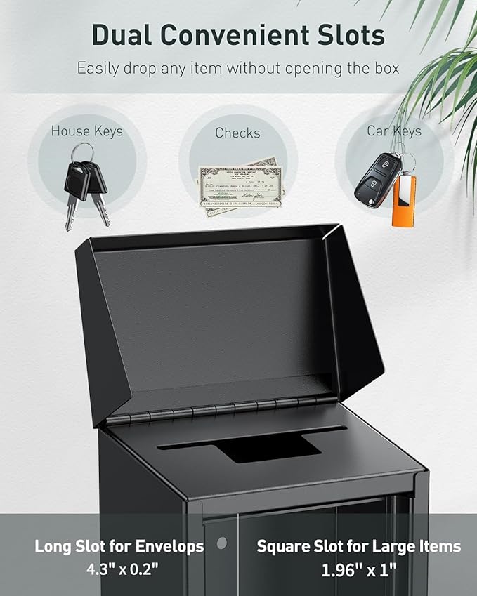 Uniclife Black Metal Donation Box Wall Mounted Mailbox with Top Slot, Collection Box with Key Lock, Safe Suggestion Box, Key Drop Box for Outside, Steel Cash Drop Box for Home Office and Business