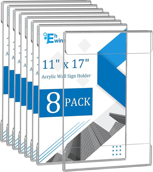 EHWINE 8 Pack 11x17 Wall Mount Acrylic Sign Holder, Wall Signs Photo Menu Flyer Display Holders, Plastic Clear Acrylic Frames for Office Home Hotel Business Store (with Adhesive Tape)
