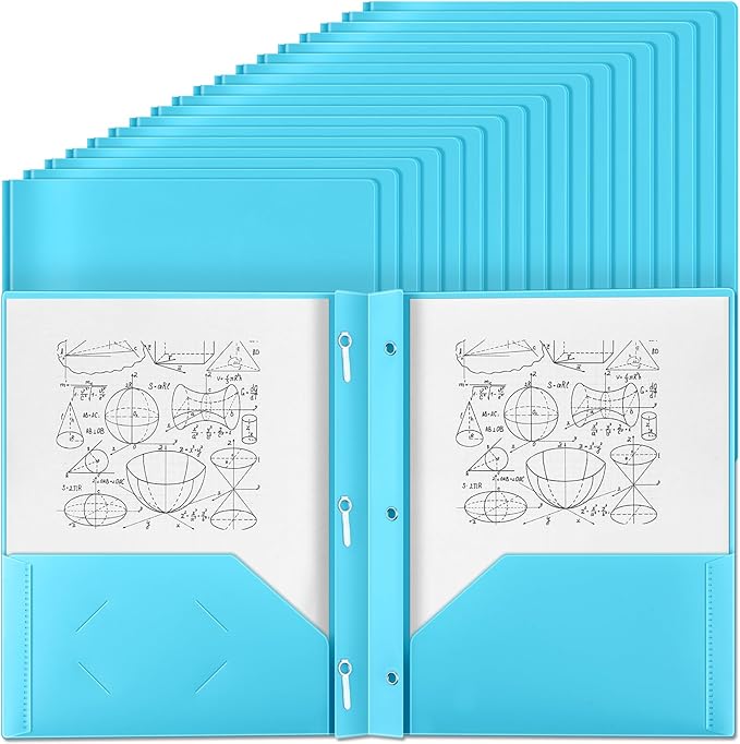 Yeaqee 60 Pcs Plastic Folders with Pockets and Prong Plastic Folders with 2 Pockets Pocket for Office, School for Students, Teachers, Office Workers (Light Blue)
