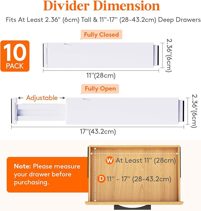 Lifewit 10 Pack Kitchen Drawer Dividers 2.36" High, 11"-17" Adjustable Drawer Organizer for Utensils/Clothes/Makeup, Plastic Expandable Separators in Dresser/Bedroom/Bathroom/Office Storage