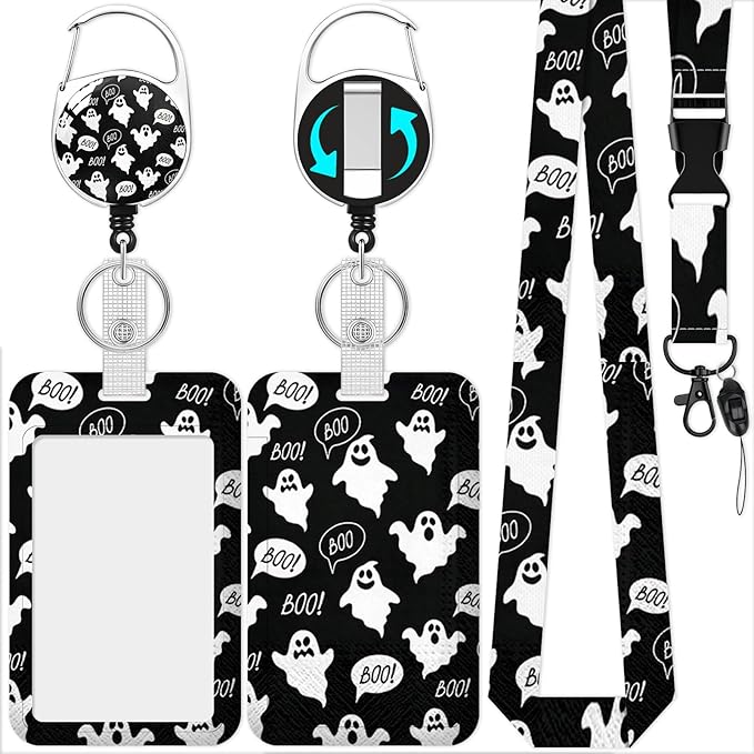 Halloween Badge Holder Reel Lanyard,Ghost ID Card Badge Holder Retractable Name Tag Clips for Doctor Nurse Teacher Office Student