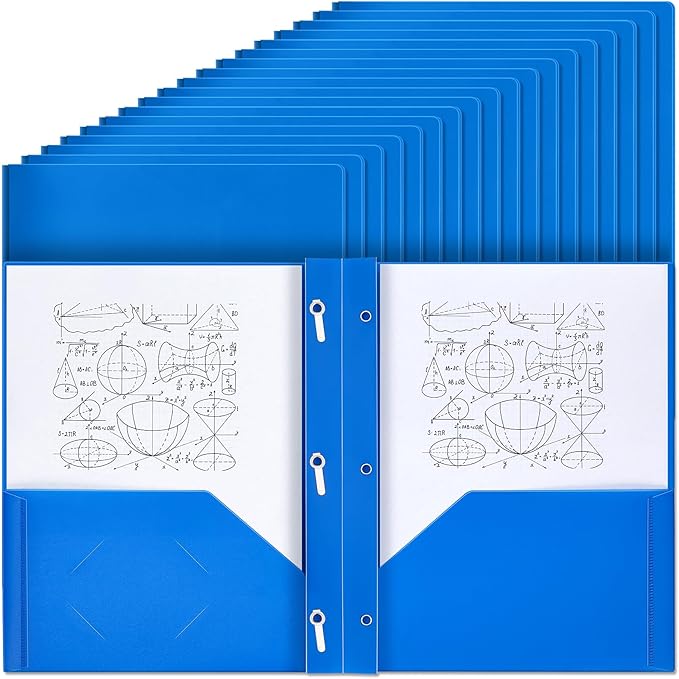 Yeaqee 60 Pcs Plastic Folders with Pockets and Prong Plastic Folders with 2 Pockets Pocket for Office, School for Students, Teachers, Office Workers (Blue)