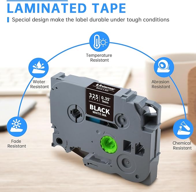 Unismar TZe-325 Compatible for Brother Ptouch 9mm 0.35 Laminated White on Black Label Tape TZ325 TZ Tape Work for Label Maker PTD220 PTD200 PTD210 PTD400 PTH100 PTH110 PT1280, 3/8'' x 26.2', 4-Pack