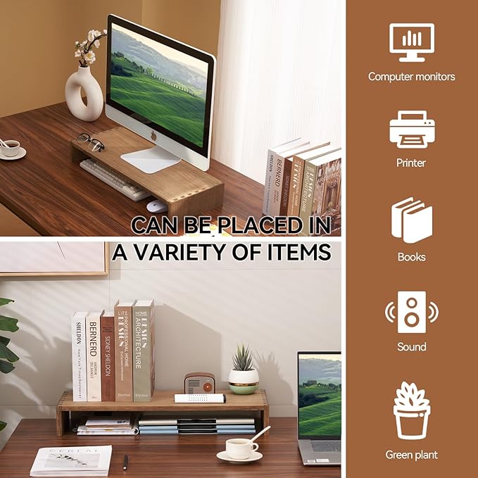 KIRIGEN Monitor Stand Wooden -Desk stand wood for Computer / Laptop/ TV Printer - Monitor Arms & Stands Desk Riser for Office Organizers -Desktop Workspace (59,Dark Brown)