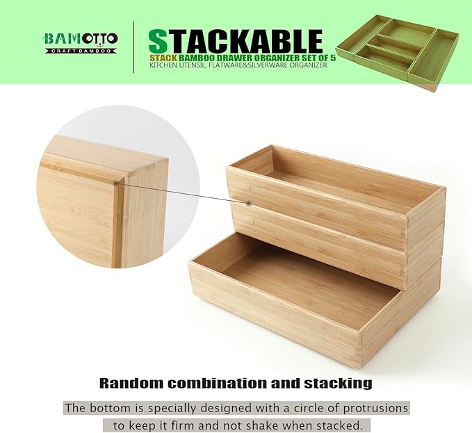 Stack Bamboo Drawer Organizer Set of 5, Kitchen Utensil, Flatware&Silverware Organizer-Wood Laminated Stackable for Kitchen, Bedroom, 13.4''x4.5''*2+10.2''x3.3''*2+10.2''x6.7''*1