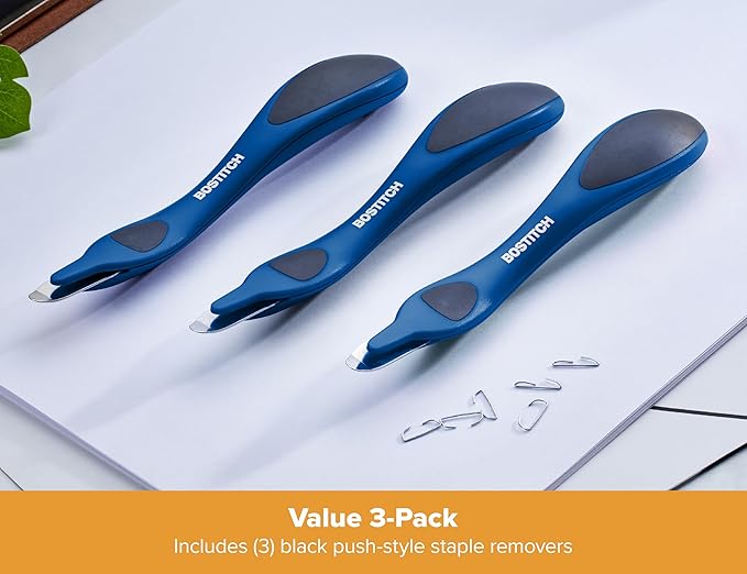 Bostitch Office Professional Push Style Easy Staple Remover, Blue, 3-Pack (30000-BLUE-3PK)