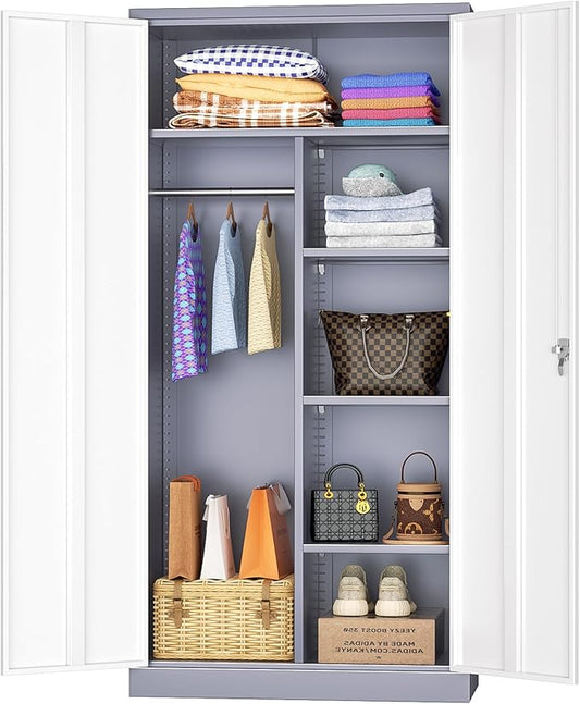 INTERGREAT Metal Storage Cabinet,72 Tall Armoire Wardrobe Closet with Doors,Grey White Storage Locker Cabinets with Adjustable Shelves and Removable Hanging Rods