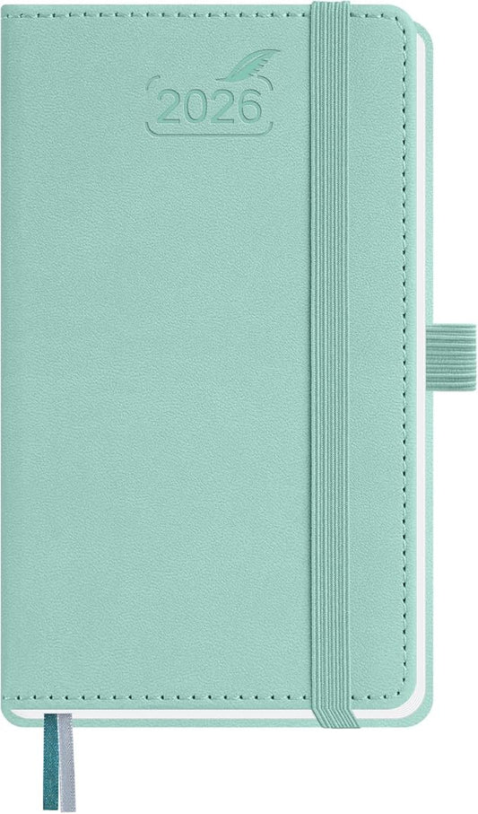 BEZEND Pocket Calendar 2026 Weekly and Monthly (3.5" x 6") Small Daily Planner for Purse (Jan-Dec) with Notes & Expenses, Inner Pocket, Pen Holder, Vegan Leather Hardcover - Mint Green