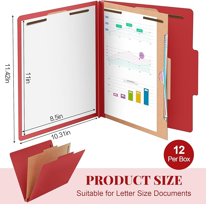 Skyygemm 12 Pack Classification File Folders Bulk with Divider and 2" Expansion, Pressboard Folder with 2 Prong Fasteners for Employee Records Medical Charts Office Document Organization(Red)