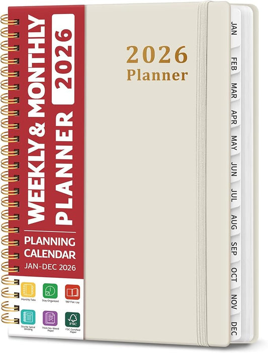 2026 Planner, Weekly and Monthly Calendar Planner, January 2026 - December 2026, Hardcover 2026 Calendar Planner Book with Tabs For Women & Men, Inner Pocket, Spiral Bound, Perfect for Office Home School Supplies - A5 (6.3" x 8.5"), Beige