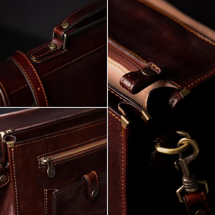 Time Resistance Leather Briefcase for Men - Italian Full Grain Leather Laptop Bag - Messenger Bag - Gift Box Included