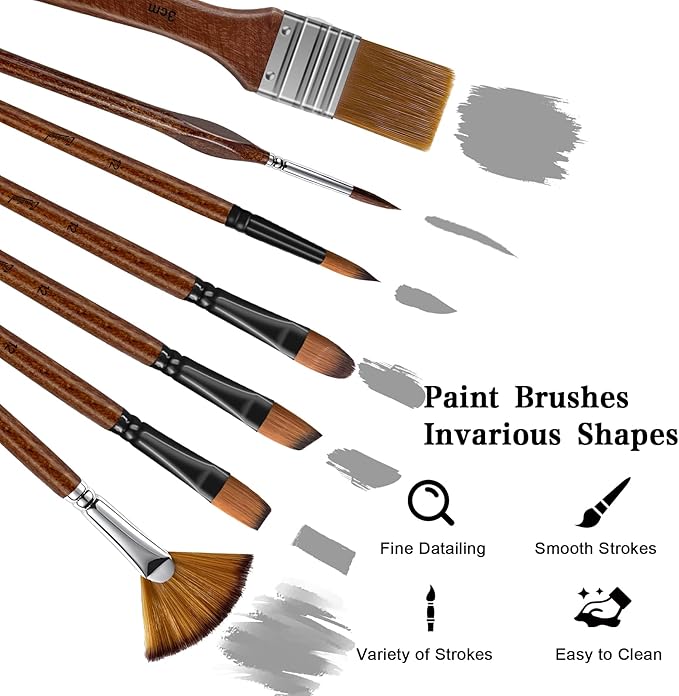 Bougimal 32 Pieces Paint Brush Set, Back to School Supply, Nylon Bristles with Round, Filbert, Flat, Fan, Angle, Fine Detail Brush, Suitable for Acrylic Painting, Oil, Watercolor(Birch Wood Handle)