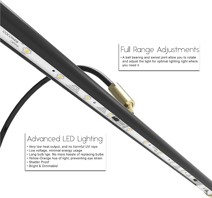 Cocoweb 19" Grand Piano Lamp - Adjustable, Black with Brass Accents, LED Clip-on with Dimmer - GPLED19D