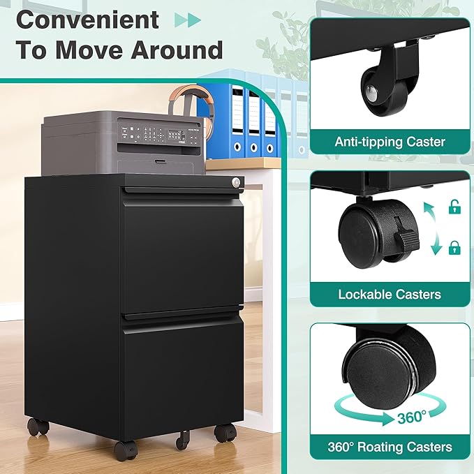 SISESOL Assembled 2 Drawer File Cabinet on Wheels,Metal Filing Cabinet with Lock,Black Rolling File Cabinets,Under Desk Office Cabinets for Home Office,Fit A4/Letter/Legal,Pre-Assembled Except Caster