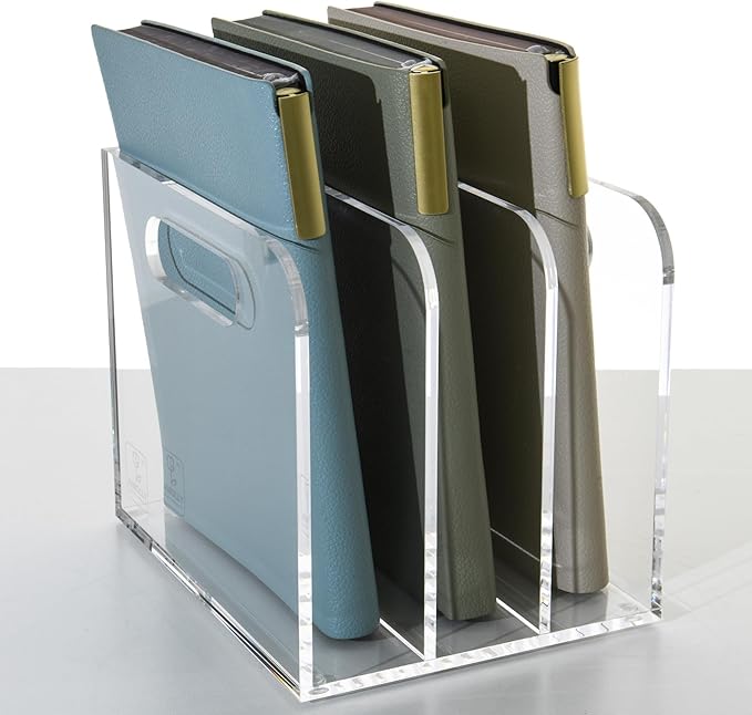 3 Vertical Compartments Clear Acrylic Desk Document Organizer & Storage Bins for Magazines, Binders, Notebooks, and Envelopes - Multipurpose Home Office Organizer - Innovative handle design