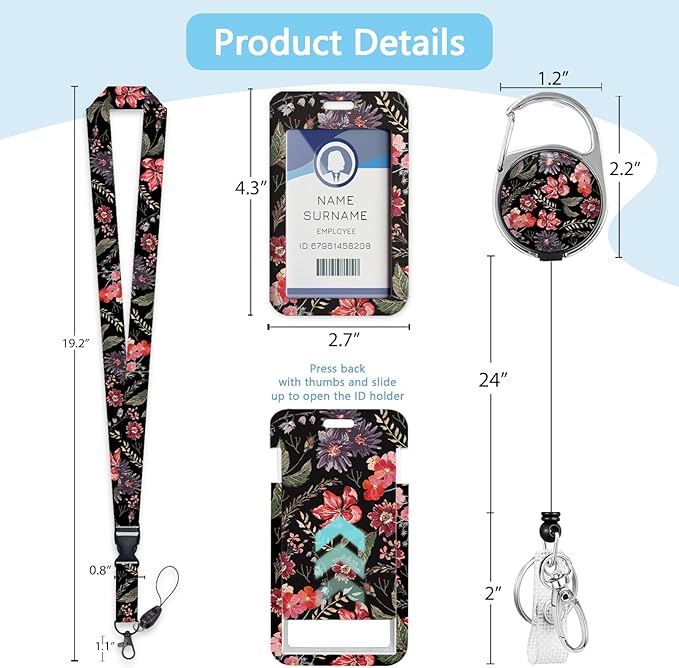 Flower ID Badge Holder with Breakaway Lanyard, Fashionable Lanyards for ID Badges Women, Cute Floral Badge Reel Retractable, ID Card Holder Keychain Name Badge Clip, Nurse Teacher Gifts