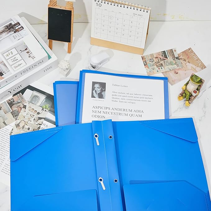 Henoyso 18 Pcs Plastic Folder with Clear Front Pocket and 3 Prong Plastic Folders with Card Slot Pocket Folders with Prongs for School Office (Blue)