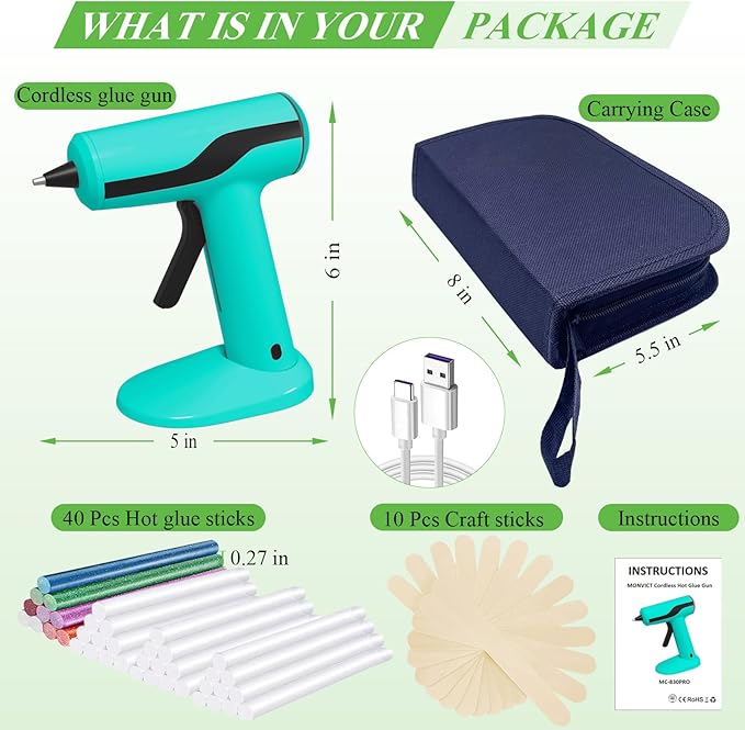 MONVICT Smart Power-Off Cordless Hot Glue Gun, Mini Glue Gun Kit with 2.2A Battery, Storage Bag, 40 Pcs Glue Sticks, 10 Pcs Craft Sticks, USB-C Rechargeable Hot Melt Glue Gun for DIY Craft Gift