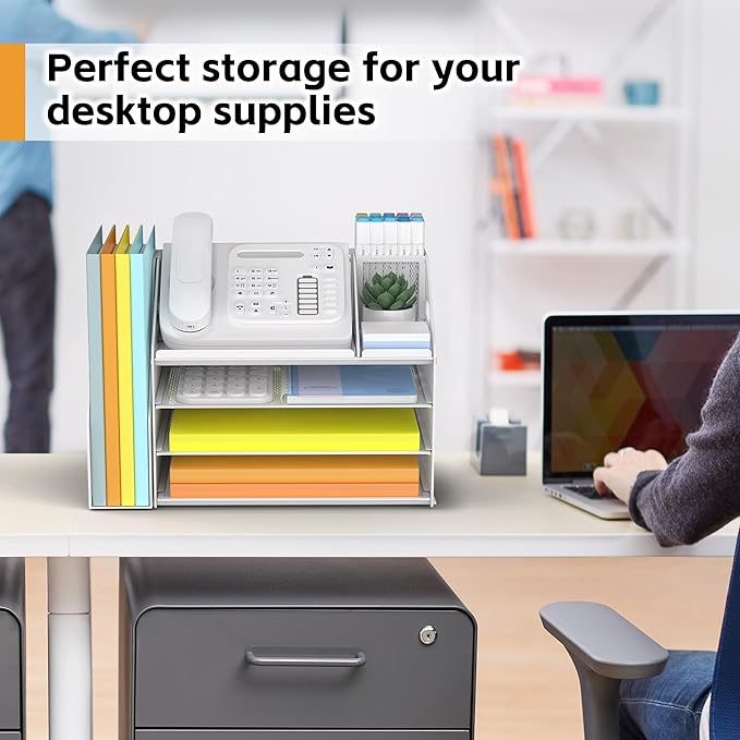 DocNest 4 Tier Paper Letter Tray File Organizer, Mesh Desk File with Handle, Workspace Desk Organizers with Pen Holder, Office Organization Storage Accessories - White