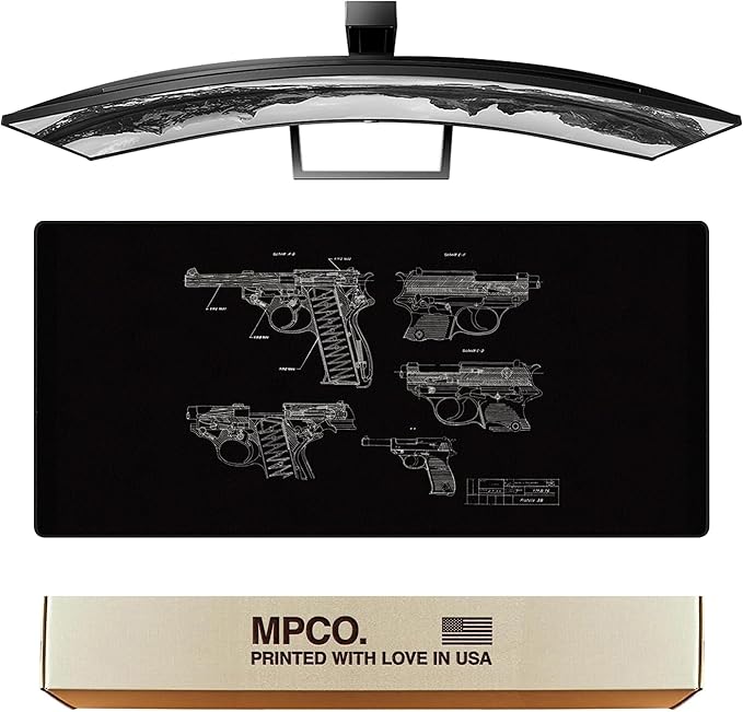 MPCO. Blueprints Large Gaming Desk Pad - 36" x 17" Aeroglyde Fabric Pistol 38 – Black Desk Mats - Non-Slip, Washable, Smooth Glide for Precision Gaming & Work